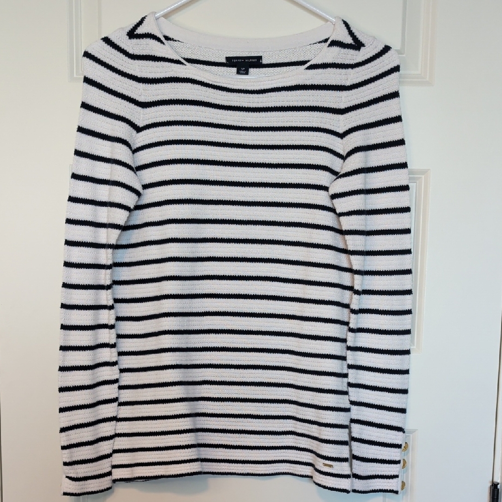 Tommy Hilfiger Black and White Striped Long Sleeve Tee